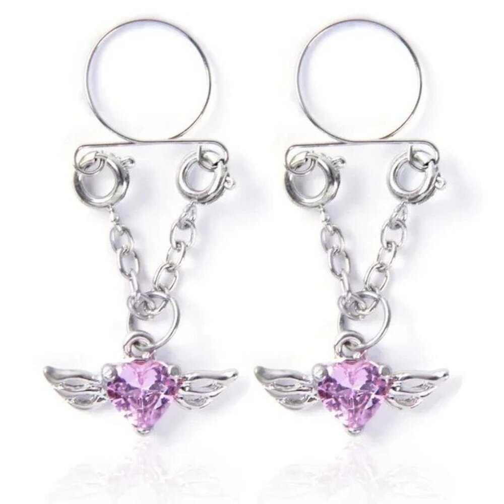 Sexy Pink Heart Dangle Nipple Ring, Non Piercing, Adjustable, Pair